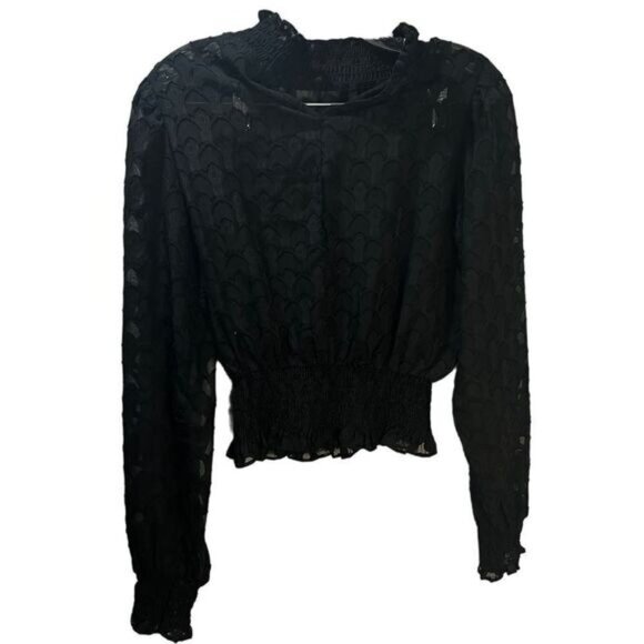 Black Textured Long-Sleeve Smocked Waist Top With Lace Details & Ruffled Necklin - Picture 2 of 8